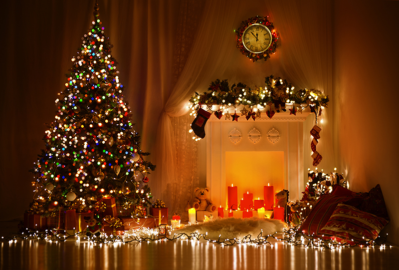Christmas Room Interior Design, Xmas Tree Decorated By Lights Pr